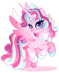 Size: 1696x2104 | Tagged: safe, artist:gihhbloonde, oc, oc only, unnamed oc, alicorn, pony, alicorn oc, colored wings, cyan eyes, eye clipping through hair, female, flying, gradient mane, gradient tail, gradient wings, grid adoptable, hoof shoes, horn, jewelry, leg markings, lightly watermarked, long horn, looking at you, magical lesbian spawn, mare, offspring, parent:pinkie pie, parent:princess cadance, parents:cadancepie, peytral, princess shoes, simple background, solo, sparkly mane, sparkly tail, sparkly wings, tail, tiara, transparent background, turned head, watermark, wings