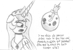 Size: 1701x1180 | Tagged: safe, artist:rosa ushiromiya, princess celestia, alicorn, pony, g4, 4everfreebrony, crying, female, mare, monochrome, moon, song art, spanish, traditional art