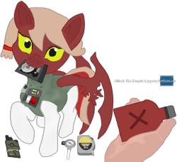 Size: 1020x940 | Tagged: safe, artist:xada, dracony, dragon, hybrid, pony, armor, armored pony, blonde mane, bottle, colored sclera, disembodied hand, female, hand, hard drive, measuring tape, offscreen character, radio, red coat, rimworld, simple background, solo, tail, text, thermometer, transparent background, two toned tail, wings, yellow eyes, yellow sclera