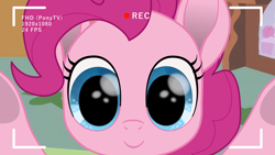 Size: 1920x1080 | Tagged: safe, artist:k. dale, pinkie pie, earth pony, pony, g4, breaking the fourth wall, camera shot, female, looking at you, mare, movie accurate, solo, sugarcube corner, underhoof