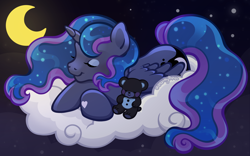 Size: 2400x1500 | Tagged: safe, artist:sparkytopia, princess luna, alicorn, pony, g3, g4, cloud, crossed hooves, eyes closed, eyeshadow, female, g4 to g3, generation leap, makeup, mare, moon, night, outdoors, plushie, sleeping, smiling, solo, teddy bear, ych example, ych result, your character here