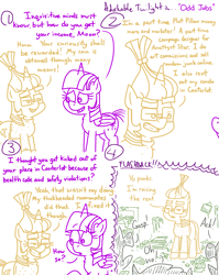 Size: 4779x6013 | Tagged: safe, artist:adorkabletwilightandfriends, moondancer, twilight sparkle, alicorn, pony, unicorn, comic:adorkable twilight and friends, g4, adorkable, adorkable twilight, clothes, comic, cute, dork, eyebrows, folded wings, foreground, glasses, horn, job, messy, question, roommates, scared, simple background, slice of life, smiling, stain, sweater, twilight sparkle (alicorn), wings