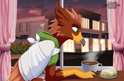 Size: 3774x2454 | Tagged: safe, artist:eveeka, oc, oc only, oc:pavlos, griffon, bandage, beak, broken bone, broken wing, cafe, cast, cheek fluff, claws, clothes, coffee, colored wings, commission, donut, eared griffon, food, griffon oc, happy, injured, non-pony oc, nonbinary, sling, solo, tail, window, wings