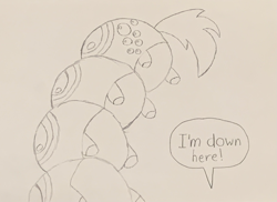 Size: 3699x2687 | Tagged: safe, artist:aidanthedrawerboi10, derpy hooves, caterpillar, pony, g4, derpipillar, solo, species swap, speech bubble, traditional art, upside down