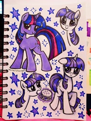 Size: 3000x4000 | Tagged: safe, artist:dariarchangel, twilight sparkle, pony, unicorn, g4, bangs, burger, bust, cute, doodle page, female, floppy ears, food, glowing, glowing horn, hay burger, horn, levitation, limited palette, long tail, looking at something, looking up, magic, magic aura, mare, nom, open mouth, portrait, purple coat, purple eyes, raised hoof, sad, sadorable, sketchbook, smiling, solo, sparkles, standing, standing on two hooves, stars, straight hair, straight mane, straight tail, tail, telekinesis, that pony sure does love burgers, three toned hair, three toned mane, three toned tail, traditional art, twiabetes, unicorn twilight