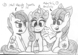 Size: 1693x1196 | Tagged: safe, artist:rosa ushiromiya, apple bloom, scootaloo, sweetie belle, earth pony, pegasus, pony, unicorn, g4, apple bloom's bow, bow, cutie mark crusaders, female, foal, hair bow, horn, monochrome, open mouth, raised hoof, smiling, spanish, traditional art, translated in the comments, trio, trio female