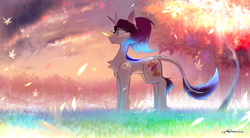 Size: 3430x1898 | Tagged: safe, artist:madragon, oc, oc only, oc:shedlight feather, kirin, autumn, autumn leaves, chest fluff, cloud, colorful, cute, female, glowing mane, grass, hoof fluff, horn, kirin oc, leaves, mare, outdoors, ponytail, solo, standing, tree