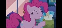 Size: 1600x720 | Tagged: safe, pinkie pie, earth pony, g4, eyes closed, female, raised hoof, smiling