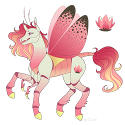 Size: 2900x2900 | Tagged: safe, artist:squishkitti, oc, oc only, changepony, hybrid, g4, adoptable, antennae, beanbrows, butterfly wings, carapace, cloven hooves, colored, colored belly, colored eyebrows, colored hooves, colored legs, cutie mark on changeling, cutie mark on changepony, eyebrows, female, flat colors, gradient legs, gradient mane, gradient tail, high res, hooves, hybrid oc, interspecies offspring, multiple legs, offspring, open mouth, open smile, parent:princess cadance, parent:thorax, parents:thordance, pink eyes, profile, raised hoof, segmented body, segmented legs, shiny eyes, simple background, six legs, smiling, solo, spread wings, striped mane, striped tail, tail, tall ears, transparent background, wavy mane, wavy tail, white body, wing markings, wings, yellow hooves