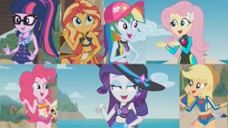 Size: 1067x600 | Tagged: safe, screencap, applejack, fluttershy, pinkie pie, rainbow dash, rarity, sci-twi, sunset shimmer, twilight sparkle, human, equestria girls, g4, belly, belly button, bikini, clothes, collage, female, humane five, humane seven, humane six, one-piece swimsuit, sarong, swimsuit