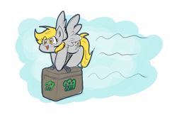 Size: 1598x1036 | Tagged: safe, artist:zutcha, derpy hooves, pegasus, pony, g4, carrying, crate, cute, derpabetes, eye clipping through hair, female, flying, mare, open mouth, open smile, simple background, smiling, solo, spread wings, white background, wings