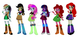 Size: 1024x491 | Tagged: safe, artist:raspberrycream12, applejack, fluttershy, pinkie pie, rainbow dash, rarity, twilight sparkle, human, elements of insanity, equestria girls, g4, belt, boots, clothes, cowboy boots, cowboy hat, deviantart watermark, eqg promo pose set, female, hat, high heel boots, jacket, male, obtrusive watermark, shirt, shoes, simple background, skirt, socks, straight, vest, watermark, white background