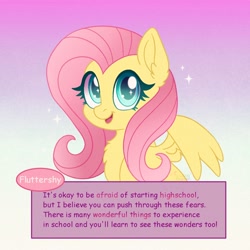 Size: 1500x1500 | Tagged: safe, artist:faelingmagic, fluttershy, pegasus, pony, g4, chest fluff, encouragement, female, gradient background, mare, motivation, positive ponies, solo