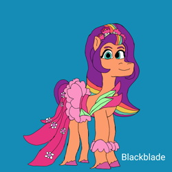 Size: 2560x2560 | Tagged: safe, artist:blackblade360, sunny starscout, earth pony, pony, g5, my little pony: tell your tale, alternate hairstyle, blue background, clothes, cyan eyes, digital art, dress, female, flower, flower in hair, ibispaint x, looking at you, mane stripe sunny, mare, signature, simple background, smiling, smiling at you, unshorn fetlocks, upcoming