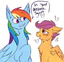 Size: 3460x3356 | Tagged: safe, artist:spoonfulofsuga, rainbow dash, scootaloo, pegasus, pony, g4, age difference, chest fluff, dialogue, duo, duo female, female, filly, floating heart, foal, folded wings, heart, heart eyes, implied lesbian, implied scootadash, implied shipping, in love, lesbian, lidded eyes, looking at each other, looking at someone, mare, one sided shipping, raised hoof, ship:scootadash, shipping, simple background, smiling, smirk, speech bubble, white background, wingding eyes, wings