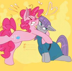 Size: 3113x3099 | Tagged: safe, artist:spoonfulofsuga, maud pie, pinkie pie, earth pony, pony, g4, blushing, clothes, duo, duo female, eyes closed, female, floating heart, floppy ears, frock coat, grin, heart, hug, incest, lesbian, mare, piecest, ship:pinkiemaud, shipping, siblings, sisters, smiling, standing, standing on one leg, tail, when she smiles