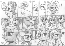 Size: 1705x1204 | Tagged: safe, artist:rosa ushiromiya, starlight glimmer, trixie, pony, unicorn, g4, blushing, bottle, comic, duo, duo female, female, horn, kissing, lesbian, mare, monochrome, ship:startrix, shipping, sitting, traditional art