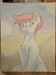 Size: 2895x3860 | Tagged: safe, artist:reddthebat, nurse redheart, earth pony, pony, g4, bust, chest fluff, eyebrows, eyebrows visible through hair, female, mare, open mouth, open smile, sitting, smiling, solo, traditional art, watercolor painting