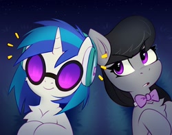 Size: 2361x1856 | Tagged: safe, artist:taneysha, dj pon-3, octavia melody, vinyl scratch, earth pony, pony, unicorn, g4, bangs, bowtie, clothes, crossed hooves, duo, duo female, emanata, equalizer, eyebrows, eyebrows visible through hair, eyelashes, female, fluffy, frown, glasses, grass, grass field, headphones, high res, horn, lesbian, listening, listening to music, looking up, lying down, mare, night, octavia is not amused, octavia's bowtie, on back, open mouth, sharing, sharing headphones, ship:scratchtavia, shipping, sky, smiling, starry night, stars, unamused, vinyl's glasses