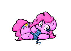 Size: 969x695 | Tagged: safe, artist:zutcha, pinkie pie, earth pony, pony, g4, behaving like a cat, cute, diapinkes, female, frog (hoof), lying down, mare, on side, simple background, smiling, solo, underhoof, white background, yarn, yarn ball