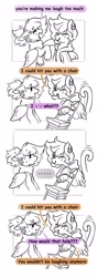 Size: 1455x4096 | Tagged: safe, artist:opalacorn, oc, oc only, pegasus, pony, sphinx, chair, clothes, comic, dialogue, duo, eye scar, facial scar, grayscale, hoodie, monochrome, one eye closed, partial color, scar, simple background, speech bubble, sphinx oc, white background, wink