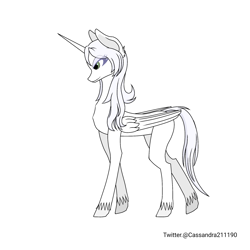 Size: 2000x2000 | Tagged: safe, artist:cassandra211190, oc, oc:κασσάνδρα, alicorn, pony, alicorn oc, eye clipping through hair, eyebrows, eyebrows visible through hair, female, folded wings, horn, looking down, mare, simple background, slender, solo, tall, thin, unshorn fetlocks, white background, wings