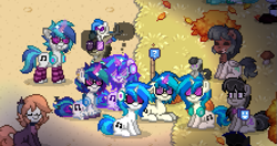 Size: 649x343 | Tagged: safe, dj pon-3, octavia melody, vinyl scratch, earth pony, pony, unicorn, pony town, g4, clone, game screencap, grass, group, horn, multeity, question mark, surrounded