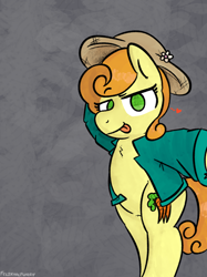 Size: 2048x2732 | Tagged: safe, artist:felixmcfurry, carrot top, golden harvest, ambiguous species, pony, g4, bipedal, chest fluff, clothes, eyebrows, eyelashes, female, flower, green eyes, hat, heart, jacket, mare, orange mane, pinup, raised eyebrow, signature, solo, textured background, tongue out, yellow fur