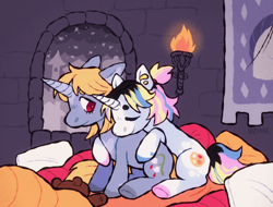 Size: 916x696 | Tagged: safe, artist:beyhr, oc, oc only, oc:chalk dust (beyhr), oc:holy steel, pony, unicorn, alternate universe, beanbrows, bedroom, blaze (coat marking), blonde mane, blonde tail, castle, chest marking, coat markings, colored eyebrows, colored hooves, colored horn, colored pinnae, colored pupils, detailed background, duo, duo female, dyed mane, dyed tail, ear piercing, earring, eyebrows, eyelashes, eyes closed, facial markings, female, female oc, gray coat, gray hooves, heart, heart mark, hooves, horn, hug, hug from behind, indoors, jewelry, lidded eyes, looking at someone, mare, mare oc, mismatched hooves, multicolored hooves, multicolored mane, multicolored tail, nonbinary, nonbinary oc, piercing, pillow, pink pupils, plushie, ponytail, profile, red eyes, sibling love, siblings, silver coat, sisterly love, sisters, sitting, sleepover, smiling at someone, socks (coat markings), star (coat marking), striped mane, striped tail, tail, teddy bear, thick horn, tied mane, unicorn horn, unicorn oc, wall of tags