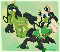 Size: 1500x1300 | Tagged: safe, artist:abbytabbys, part of a set, earth pony, frog, frog pony, hybrid, pony, abstract background, anime, belt, bodysuit, boots, border, clothes, coat markings, colored belly, colored hooves, colored pinnae, costume, duality, eyelashes, facial markings, female, flippers, frown, gloves, goggles, gradient background, green coat, green hooves, green mane, green tail, hoof boots, hoof gloves, hoof on chin, hooves, looking away, looking up, lying down, my hero academia, no catchlights, pale belly, passepartout, ponified, question mark, quirked pony, shiny mane, shiny tail, shoes, solo, sparkles, standing on three hooves, straight mane, straight tail, stripes, superhero costume, tail, tall ears, teenager, text, thinking, tied mane, tongue out, tsuyu asui, unshorn fetlocks, visor