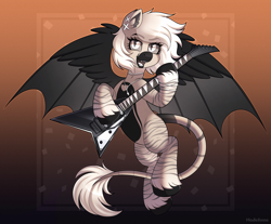 Size: 3000x2483 | Tagged: safe, artist:madelinne, oc, oc only, oc:devilvoice, bat pony, pony, bat pony oc, electric guitar, female, flying, gradient background, guitar, jewelry, leonine tail, looking at you, mare, musical instrument, playing guitar, solo, tail