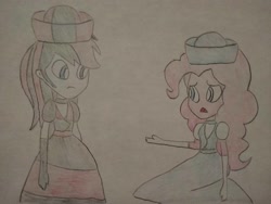 Size: 1040x780 | Tagged: safe, artist:arrowsweetie, pinkie pie, oc, oc:red arrow, human, equestria girls, g4, apology, british, clothes, dress, duo, long dress, long skirt, no nose, skirt, traditional art