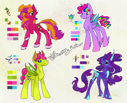 Size: 3003x2439 | Tagged: safe, artist:destiny_manticor, oc, oc only, unnamed oc, bat pony, earth pony, pegasus, pony, unicorn, adoptable, bat wings, black sclera, body markings, chest fluff, colored hooves, colored sclera, colored wings, curved horn, cutie mark, dark sclera, ear fluff, ear piercing, earring, ethereal mane, ethereal tail, eye clipping through hair, eyebrows, eyebrows visible through hair, female, fetlock tuft, fluffy hair, folded wings, fusion, fusion:big macintosh, fusion:fluttershy, fusion:pinkie pie, fusion:pinkiedash, fusion:princess luna, fusion:rainbow dash, fusion:rariluna, fusion:rarity, fusion:twilight sparkle, fusion:twimac, gradient hooves, gradient legs, head fluff, hooves, horn, horseshoes, jewelry, leg feathers, long legs, male, multicolored wings, pale belly, palette, piercing, raised hoof, scroll, slender, smiling, striped mane, tail, tall, thin, three toned hair, two toned wings, unshorn fetlocks, wings, yellow sclera