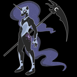 Size: 2048x2048 | Tagged: safe, artist:daogebuzai, nightmare moon, alicorn, anthro, g4, armor, black background, bracer, breasts, cleavage, ethereal mane, ethereal tail, full body, helmet, holding, horn, long horn, no mouth, scythe, simple background, solo, starry mane, starry tail, tail, unconvincing armor, wingless