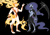 Size: 2388x1668 | Tagged: safe, artist:daogebuzai, daybreaker, nightmare moon, alicorn, anthro, plantigrade anthro, g4, absolute cleavage, armor, black background, bracer, breasts, cleavage, duo, duo female, ethereal mane, female, helmet, horn, lidded eyes, long horn, mane of fire, no mouth, shoulder pads, simple background, standing, starry mane, starry tail, tail, tail of fire, unconvincing armor, wingless