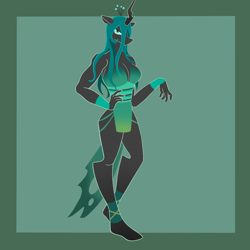 Size: 2048x2048 | Tagged: safe, artist:daogebuzai, queen chrysalis, changeling, changeling queen, anthro, g4, border, breasts, cleavage, full body, mouthless, no mouth, passepartout, solo, standing