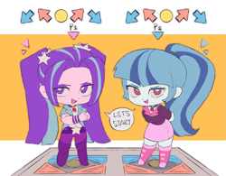 Size: 1539x1200 | Tagged: safe, artist:yanming98294, aria blaze, sonata dusk, human, equestria girls, g4, chibi, dance dance revolution, dance floor, duo, duo female, female