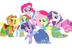 Size: 900x639 | Tagged: safe, artist:lolalita264, applejack, fluttershy, pinkie pie, rainbow dash, rarity, twilight sparkle, g4, alternate hairstyle, clothes, dress, gala dress, gown, mane six, pinkie pie's first gala dress, rainbow dash's first gala dress, rarity's first gala dress, simple background, white background