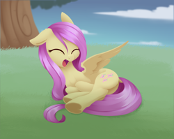 Size: 3220x2568 | Tagged: safe, artist:dusthiel, fluttershy, pony, g4, butt, cute, cute little fangs, fangs, lying down, plot, prone, shyabetes, solo, yawn