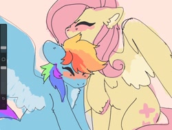 Size: 2068x1572 | Tagged: safe, artist:numetalalicorn, fluttershy, rainbow dash, pegasus, pony, g4, art program in frame, blushing, cute, dashabetes, duo, duo female, eyes closed, female, grooming, lesbian, mare, no mouth, preening, procreate app, ship:flutterdash, shipping, shyabetes, smoldash, tallershy, unshorn fetlocks, wings