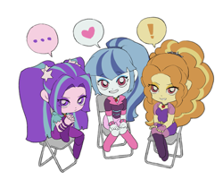 Size: 2119x1776 | Tagged: safe, artist:yanming98294, adagio dazzle, aria blaze, sonata dusk, human, equestria girls, g4, ..., blue hair, chibi, cute, exclamation point, female, heart, orange hair, purple hair, simple background, sitting, smiling, speech bubble, the dazzlings, trio, trio female, white background