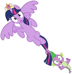 Size: 2573x2644 | Tagged: safe, anonymous artist, derpibooru exclusive, spike, twilight sparkle, alicorn, dragon, pony, g4, princess twilight sparkle (episode), season 4, .svg available, big crown thingy, duo, duo male and female, element of magic, female, flying, jewelry, male, mare, multicolored hair, multicolored mane, multicolored tail, regalia, simple background, spread wings, svg, tail, transparent background, twilight sparkle (alicorn), vector, wingless spike, wings