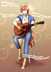 Size: 2558x3600 | Tagged: safe, artist:blackblood-queen, oc, oc only, oc:honeybun meadow, earth pony, anthro, unguligrade anthro, acoustic guitar, anthro oc, bar stool, clothes, commission, digital art, earth pony oc, guitar, heterochromia, high res, male, music, musical instrument, pants, shirt, singing, sitting, smiling, solo, stallion