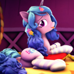 Size: 2160x2160 | Tagged: safe, artist:psfmer, izzy moonbow, pony, unicorn, g4, g5, 3d, accessory, bracelet, butt, clothes, cushion, cute, dock, female, g5 to g4, generation leap, high res, horn, izzy moonbutt, izzybetes, jewelry, looking at you, lying down, mane accessory, mare, plot, socks, solo, source filmmaker, striped socks, tail, tongue out