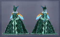 Size: 1598x1000 | Tagged: safe, artist:shamziwhite, oc, oc:facade, changeling, ghost, undead, anthro, clothes, corset, dress, gloves, latex dress, living clothes, long dress, long gloves, male, standing, wings