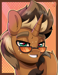 Size: 2799x3591 | Tagged: safe, artist:joaothejohn, oc, oc only, oc:macchiato, pony, unicorn, bust, chest fluff, freckles, gift art, glasses, heart, hooves, horn, icon, lidded eyes, looking at you, male, multicolored hair, passepartout, portrait, smiling, solo, stallion, unicorn oc