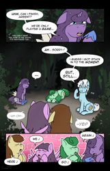 Size: 1600x2480 | Tagged: safe, artist:argent arms, oc, oc only, oc:argent arms, unnamed oc, earth pony, pegasus, pony, unicorn, comic:foeslayer, blue coat, brown mane, clearing, clothes, comic page, costume, female, filly, foal, forest background, green coat, green mane, hoof shoes, horn, night, nightmare night costume, pink coat, purple coat, purple mane, speech, speech bubble, talking, white mane