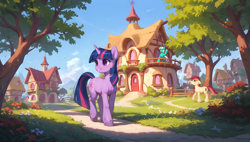 Size: 3840x2176 | Tagged: safe, ai assisted, ai content, generator:tponynai3, prompter:truekry, lyra heartstrings, pinkie pie, roseluck, twilight sparkle, earth pony, pony, unicorn, g4, bush, cloud, comments locked down, female, flower, grass, graveyard of comments, horn, houses, mare, outdoors, ponyville, scenery, sky, smiling, street, tree, unicorn twilight, unshorn fetlocks, walking, wallpaper