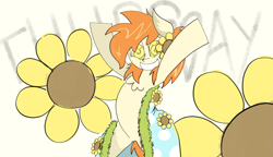 Size: 4249x2454 | Tagged: safe, artist:ponny, oc, oc only, oc:thursday, earth pony, pony, bipedal, chest fluff, cloak, clothes, colored, drawthread, female, flower, flower in hair, hooves in air, mare, request, requested art, smiling, solo, text, weekday ponies