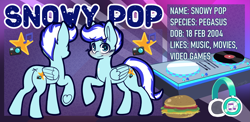 Size: 4405x2151 | Tagged: safe, artist:chiefywiffy, oc, oc only, oc:snowy pop, pegasus, pony, burger, food, hay burger, headphones, pegasus oc, solo, turntable